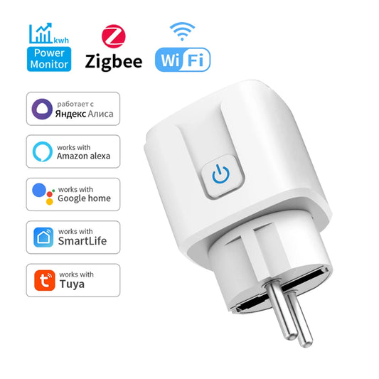 Smart Socket Tuya EU Plug Zigbee or WIFI 16/20A With Power Monitor Timing, Voice Control Work with Alexa Google Home Alice