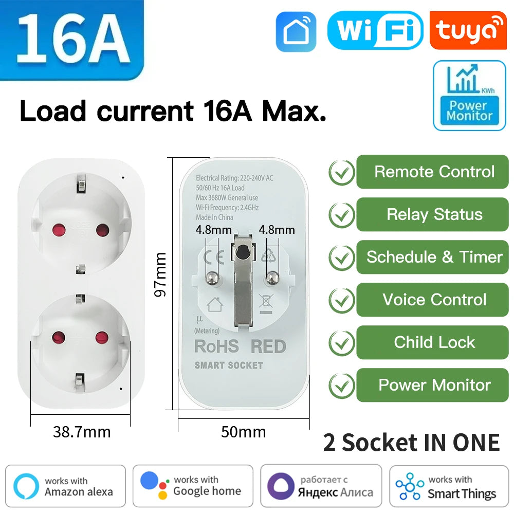 Smart Socket Tuya EU Plug Zigbee or WIFI 16/20A With Power Monitor Timing, Voice Control Work with Alexa Google Home Alice