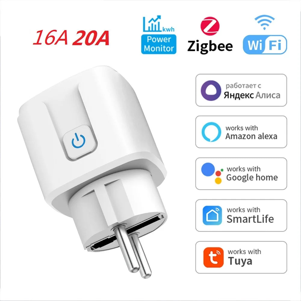 Smart Socket Tuya EU Plug Zigbee or WIFI 16/20A With Power Monitor Timing, Voice Control Work with Alexa Google Home Alice