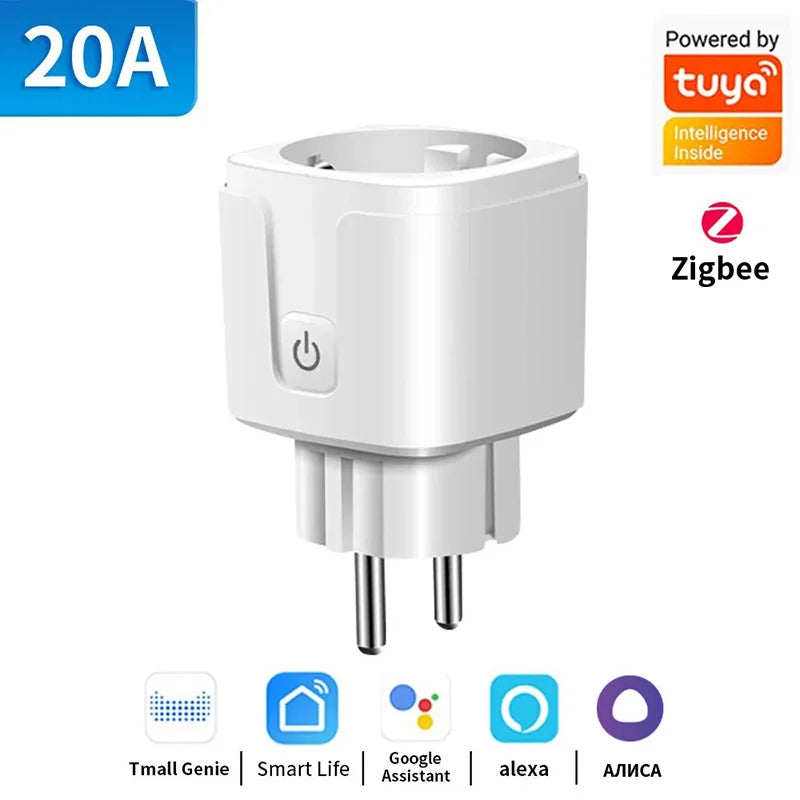Smart Socket Tuya EU Plug Zigbee or WIFI 16/20A With Power Monitor Timing, Voice Control Work with Alexa Google Home Alice