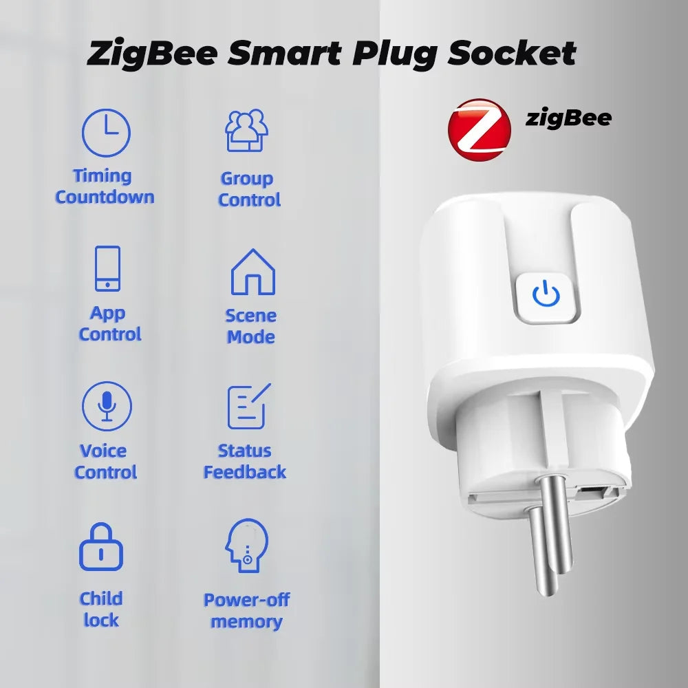 Smart Socket Tuya EU Plug Zigbee or WIFI 16/20A With Power Monitor Timing, Voice Control Work with Alexa Google Home Alice